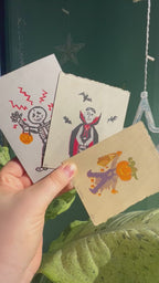Spooky Skeleton/Dracula/Pumpkin Trick or Treaters Linocut Print Halloween