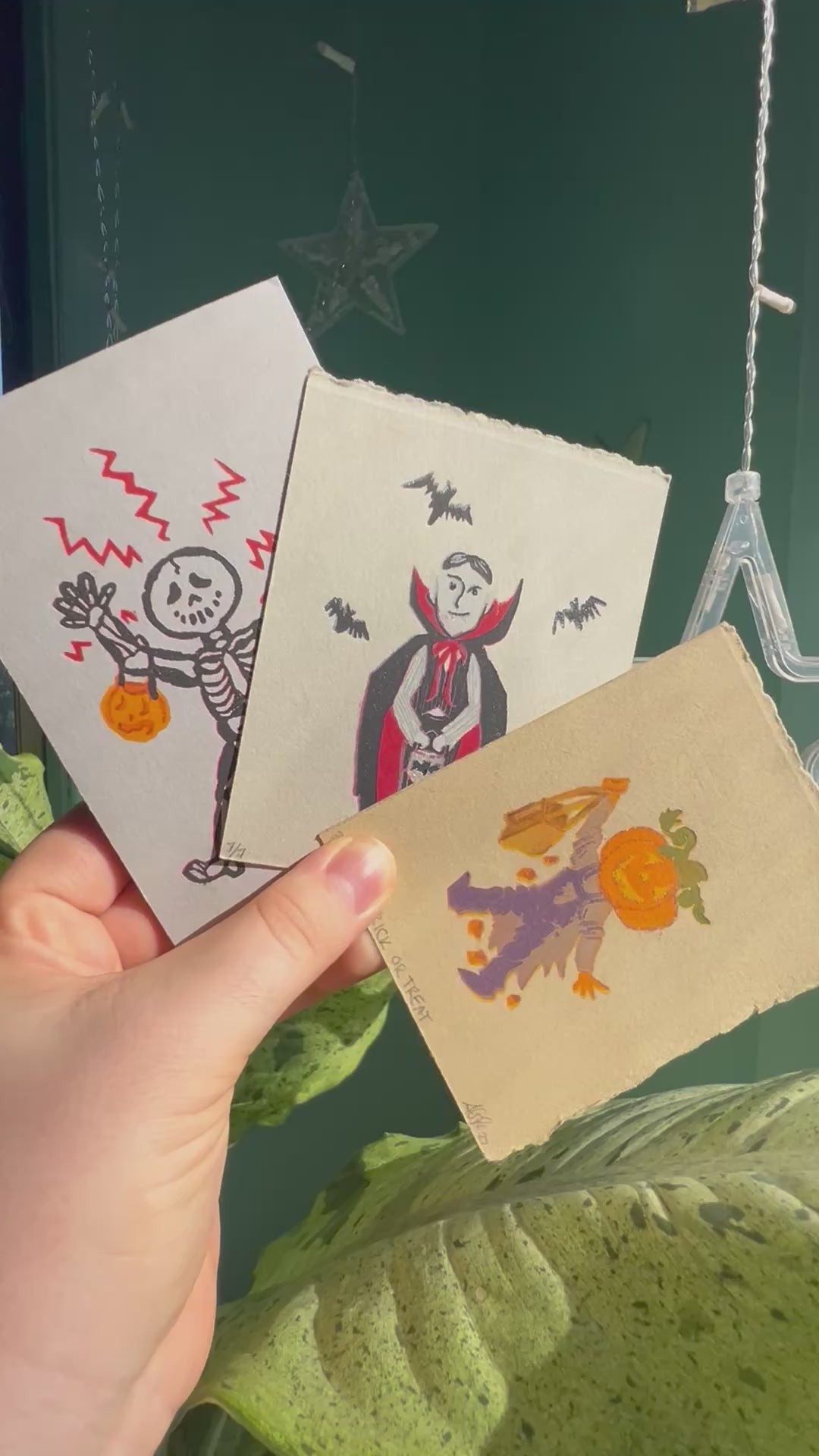 Spooky Skeleton/Dracula/Pumpkin Trick or Treaters Linocut Print Halloween